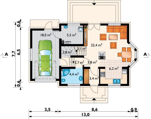 Rzut parteru POW. 72,8 m²