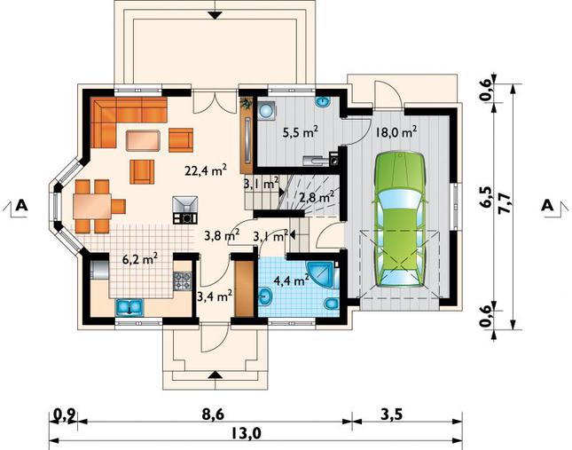Rzut parteru lustro POW. 72,8 m²