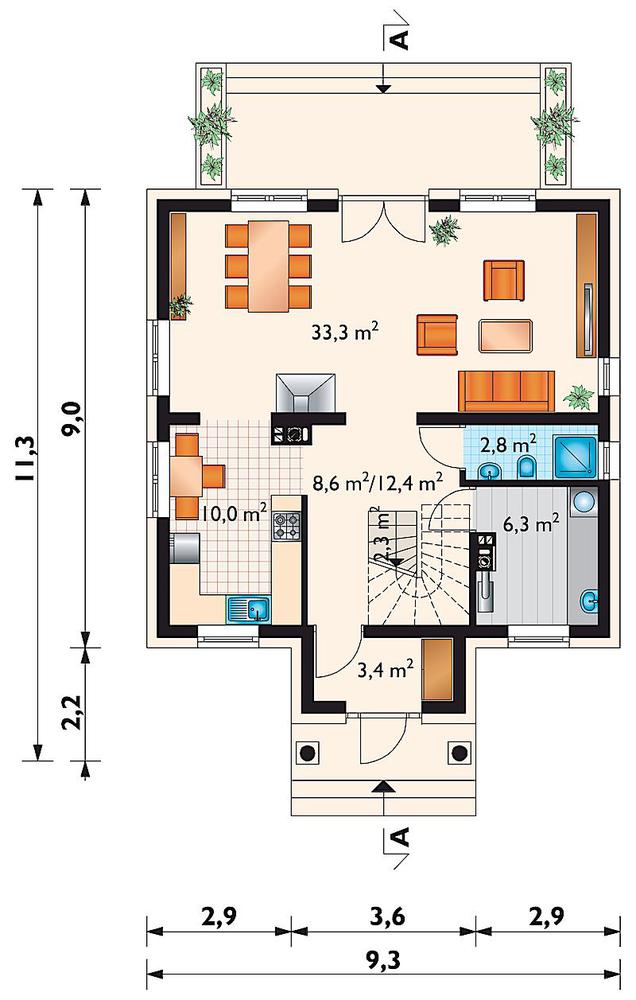 Rzut parteru POW. 70,5 m²