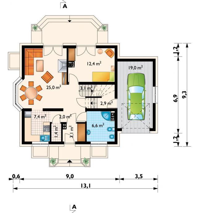 Rzut parteru POW. 82,9 m²