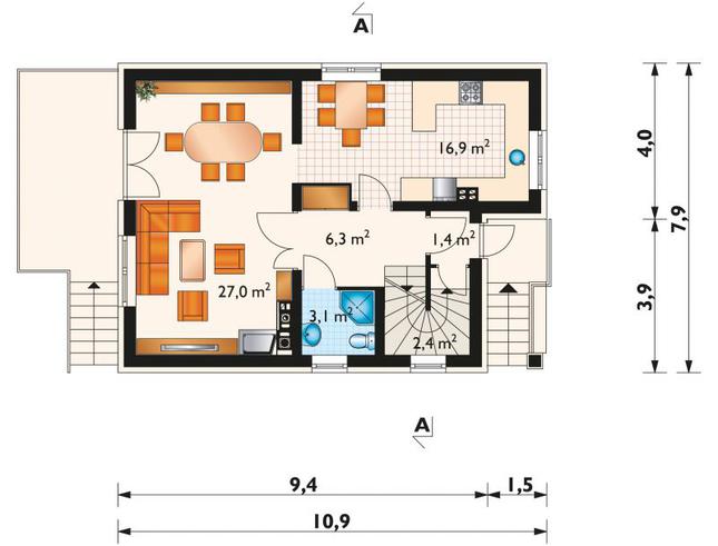 Rzut parteru POW. 57,3 m²