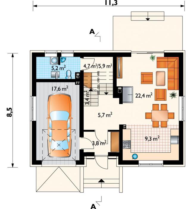 Rzut parteru POW. 73,3 m²