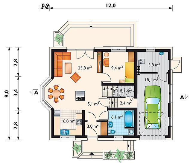 Rzut parteru POW. 89,0 m²