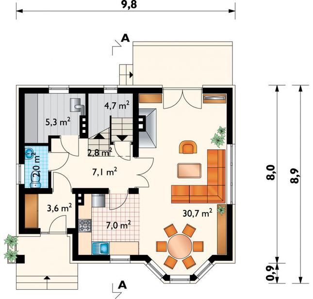 Rzut parteru POW. 62,3 m²