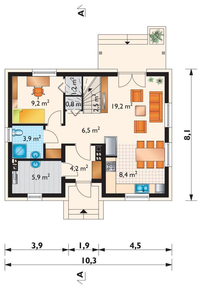 Rzut parteru POW. 61,8 m²