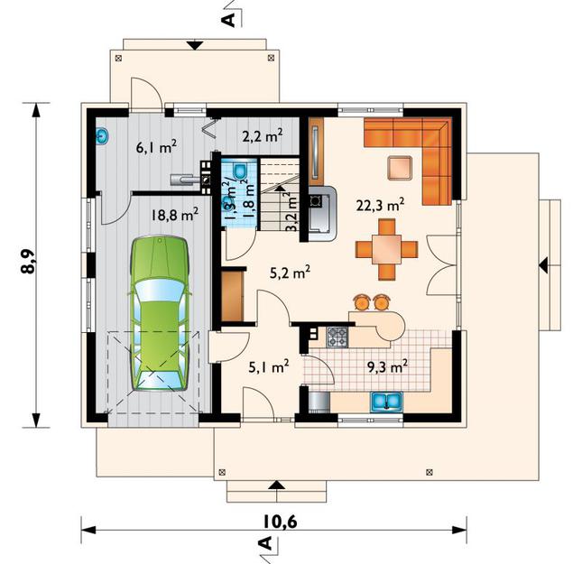 Rzut parteru POW. 74,1 m²
