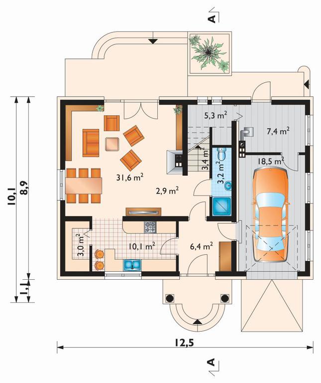 Rzut parteru POW. 90,9 m²