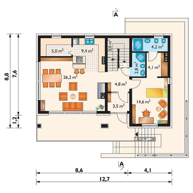 Rzut parteru lustro POW. 77,6 m²