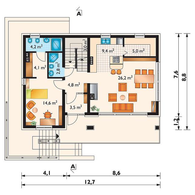 Rzut parteru POW. 77,6 m²