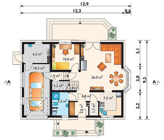 Rzut parteru lustro POW. 92,8 m²