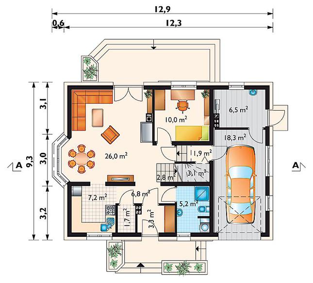 Rzut parteru POW. 92,8 m²