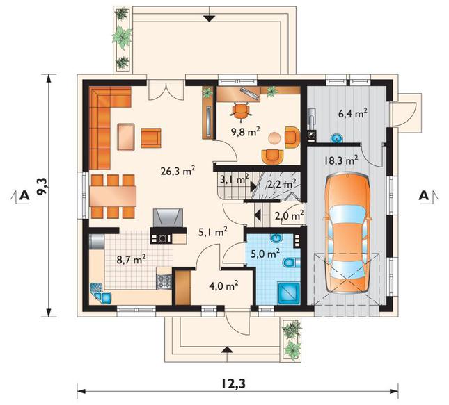 Rzut parteru POW. 90,9 m²