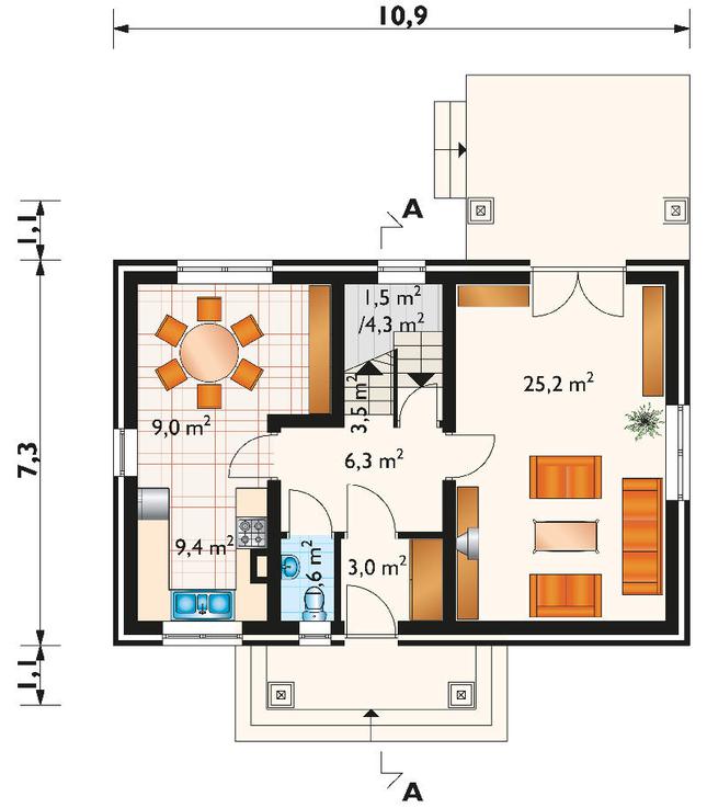 Rzut parteru POW. 62,3 m²