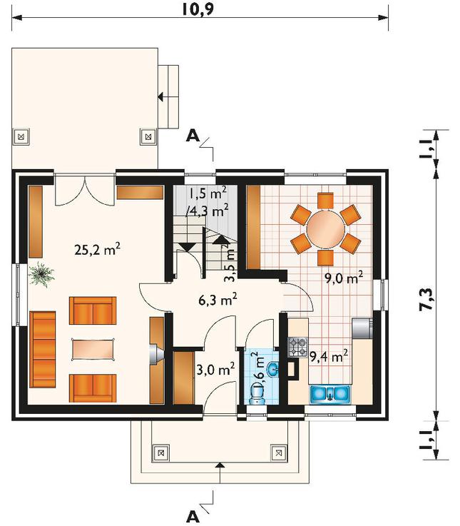 Rzut parteru lustro POW. 62,3 m²