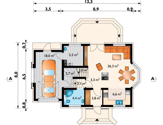 Rzut parteru POW. 76,7 m²