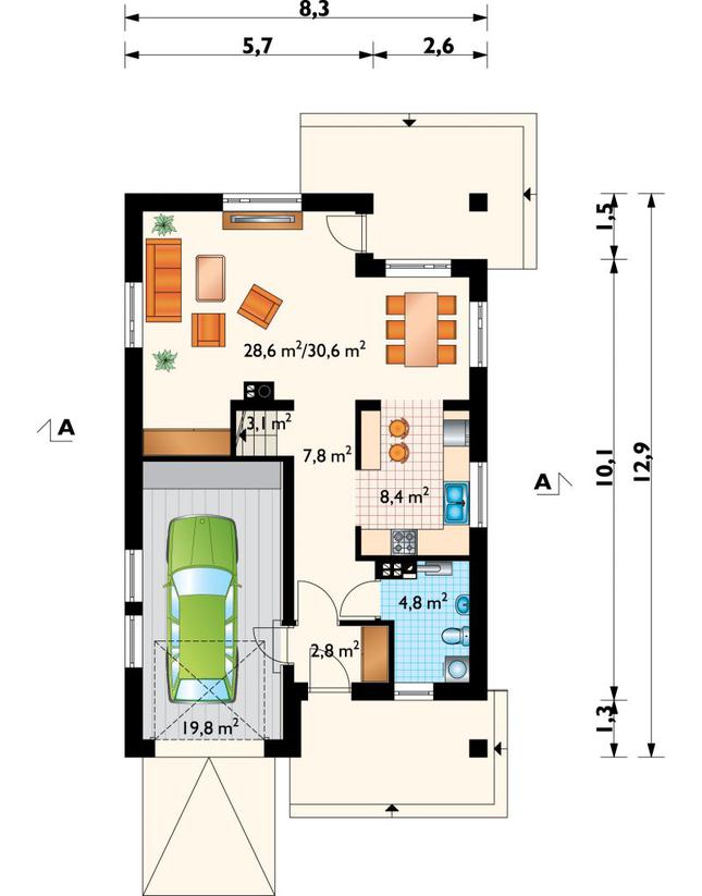 Rzut parteru POW. 77,3 m²