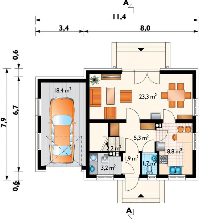 Rzut parteru POW. 64,8 m²