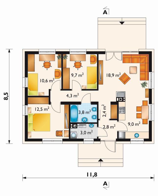Rzut parteru POW. 77,0 m²