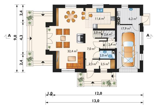 Rzut parteru POW. 89,9 m²