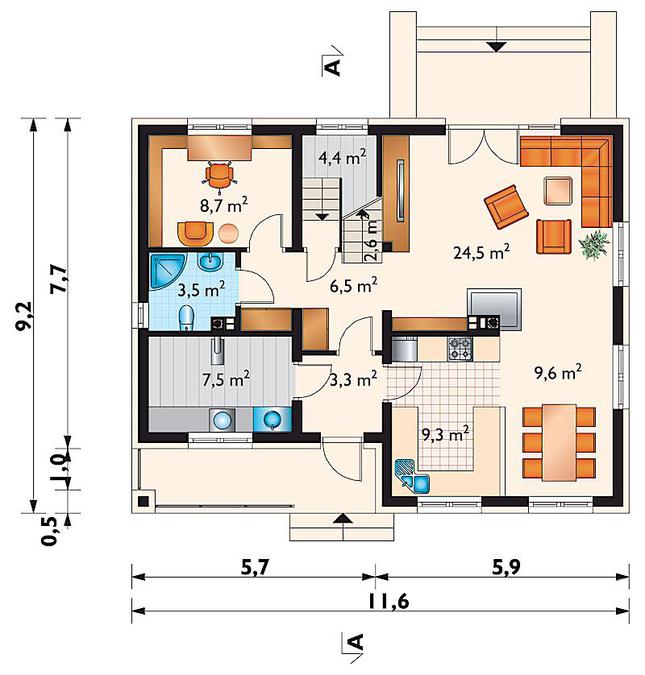 Rzut parteru POW. 79,9 m²