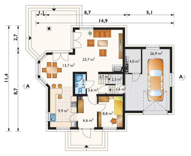Rzut parteru POW. 107,4 m²