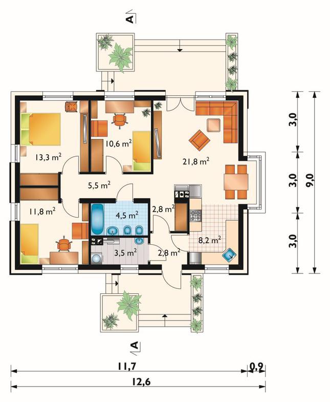 Rzut parteru POW. 84,8 m²
