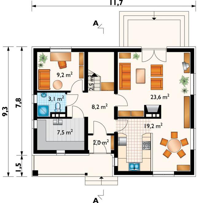 Rzut parteru POW. 75,3 m²