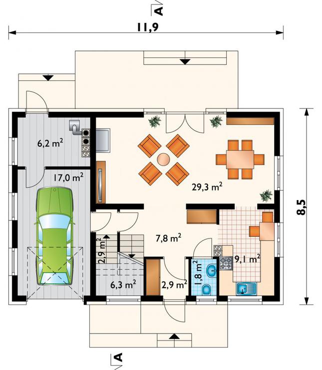 Rzut parteru POW. 83,3 m²