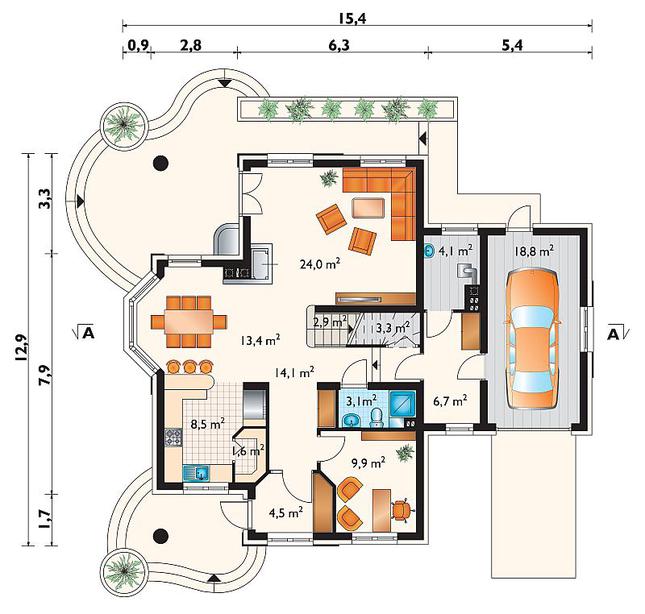 Rzut parteru POW. 114,9 m²