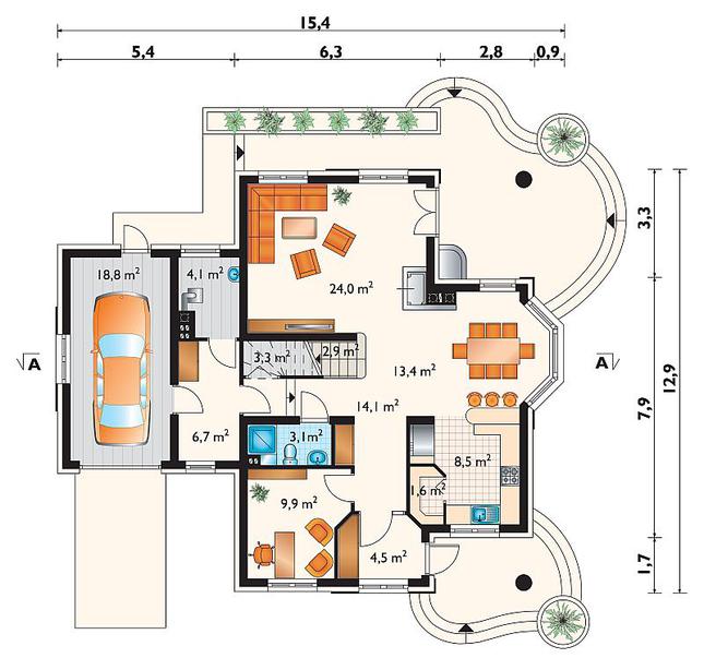 Rzut parteru lustro POW. 114,9 m²