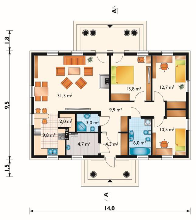Rzut parteru POW. 108,0 m²