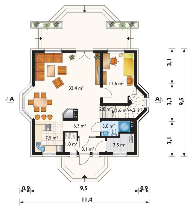 Rzut parteru POW. 76,8 m²