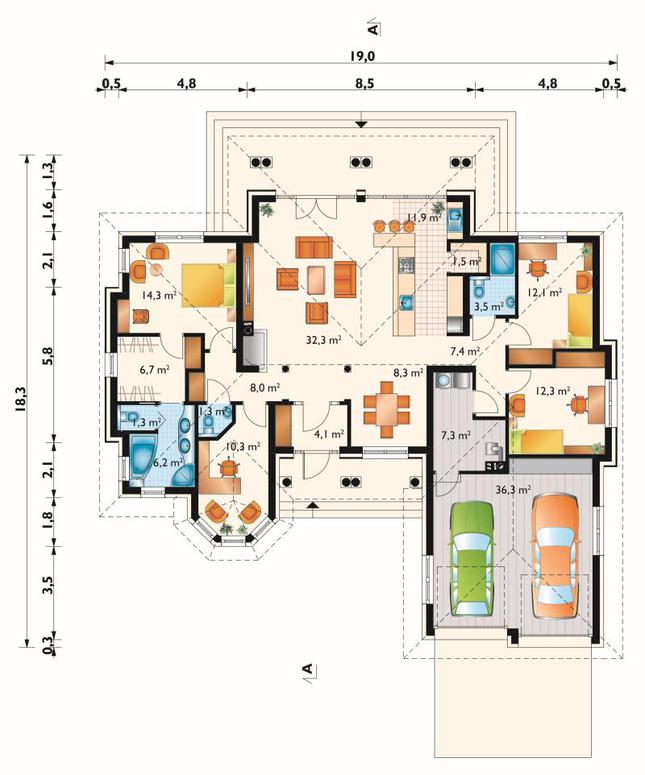 Rzut parteru POW. 185,1 m²