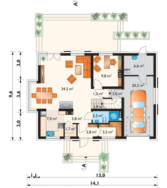 Rzut parteru POW. 102,5 m²