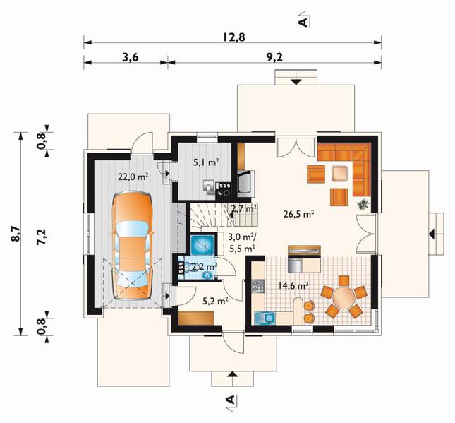 Rzut parteru POW. 83,8 m²