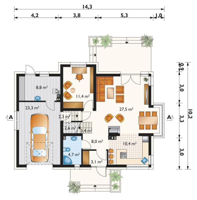 Rzut parteru lustro POW. 105,5 m²