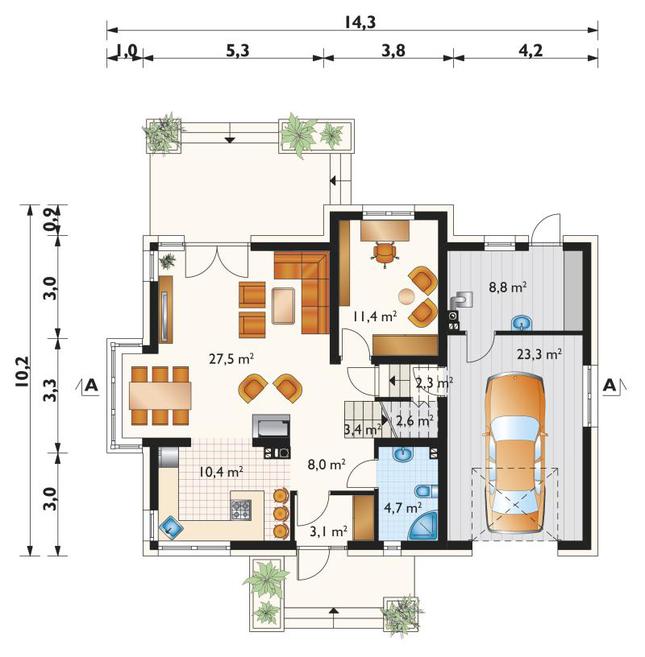 Rzut parteru POW. 105,5 m²