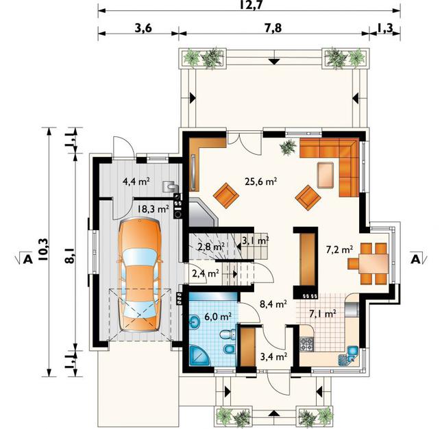Rzut parteru POW. 88,7 m²
