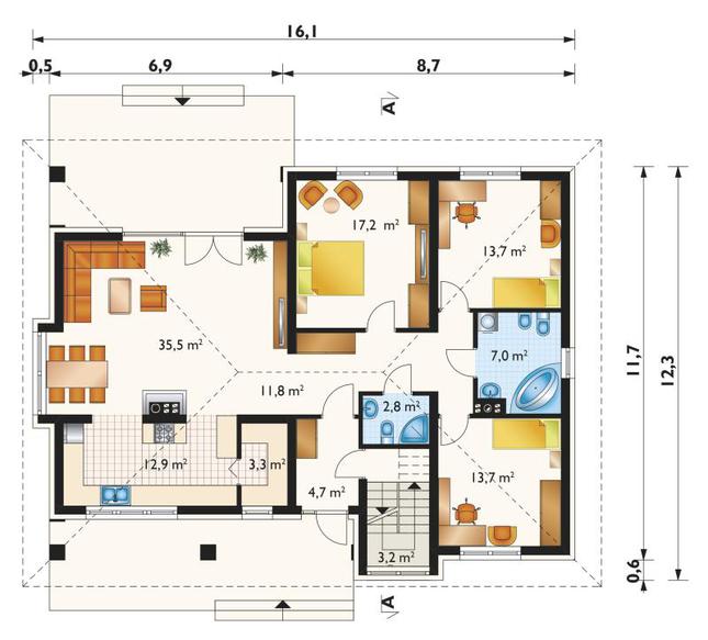 Rzut parteru lustro POW. 125,8 m²