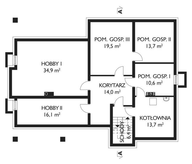 Rzut piwnicy lustro POW. 128,9 m²