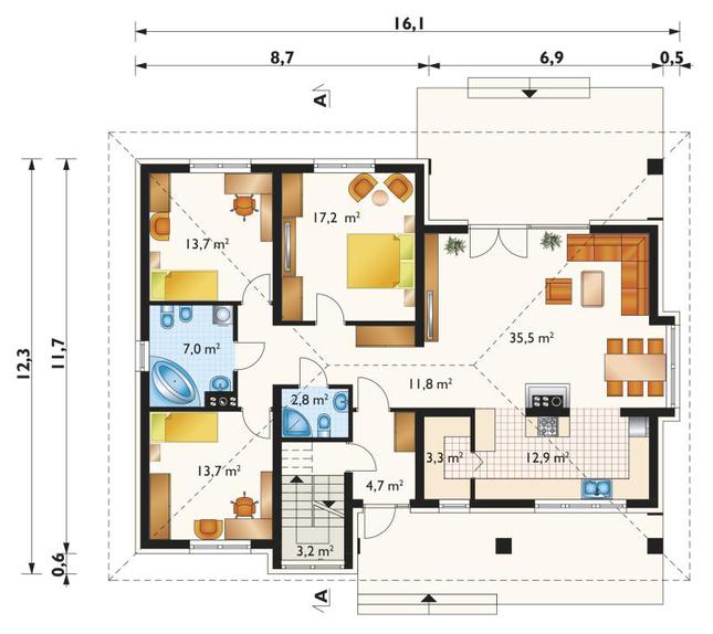 Rzut parteru POW. 125,8 m²