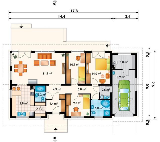 Rzut parteru POW. 133,2 m²