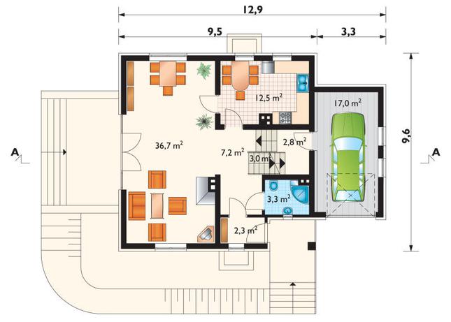 Rzut parteru POW. 84,8 m²