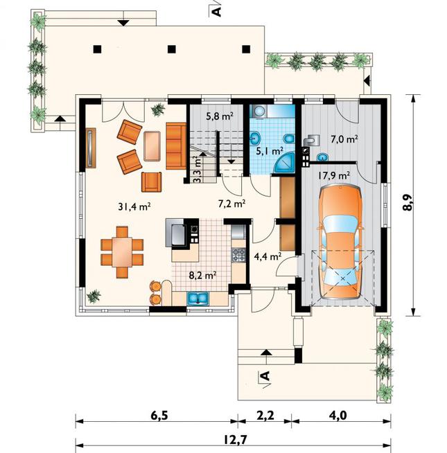 Rzut parteru POW. 90,3 m²