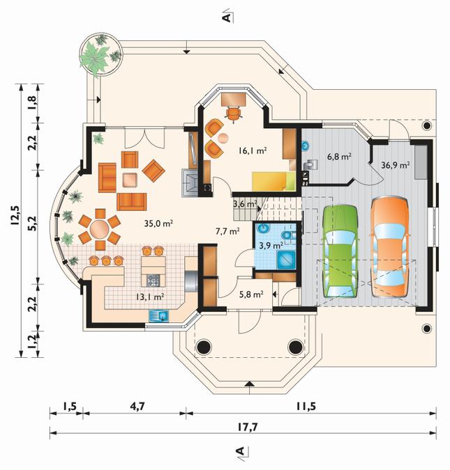 Rzut parteru POW. 128,9 m²