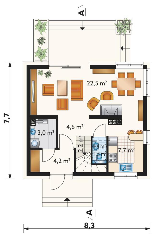 Rzut parteru POW. 45,7 m²