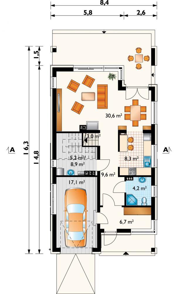 Rzut parteru POW. 88,4 m²