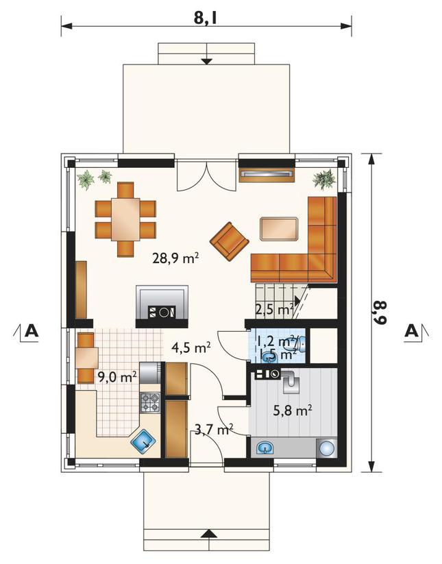 Rzut parteru lustro POW. 55,7 m²
