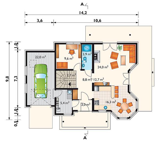 Rzut parteru POW. 99,6 m²