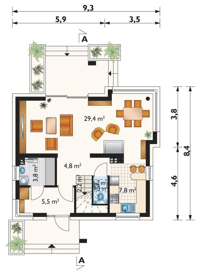 Rzut parteru POW. 54,8 m²